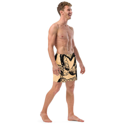 Herren-Badehosen N°14 worn by a man, showcasing quick-dry fabric and multiple pockets, ideal for summer days.