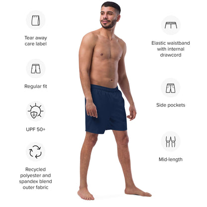 Man wearing Recycelte Schwimmshorts with elastic waistband, side pockets, and UPF 50+, featuring recycled polyester blend fabric.