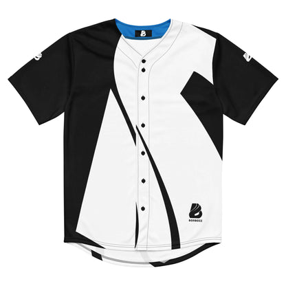 Recyceltes Baseball-Trikot N°0 aus recyceltem Polyester mit feuchtigkeitsabsorbierendem Material und LSF 50+-Schutz, schwarz-weißes Design.
