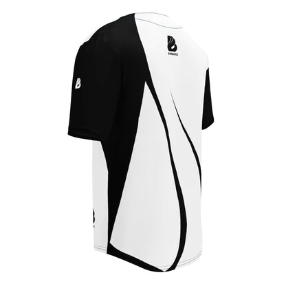 Recyceltes Baseball-Trikot N°0 in Schwarz-Weiß mit feuchtigkeitsableitendem Material und LSF 50+-Schutz, ideal für sportlichen Komfort.