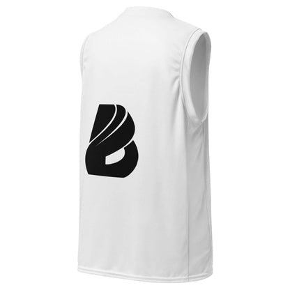 Recyceltes Unisex-Basketballtrikot N°0 in weißem Design, aus recyceltem Polyester, Rückansicht mit schwarzem Logo, ideal für Sport und Streetwear.