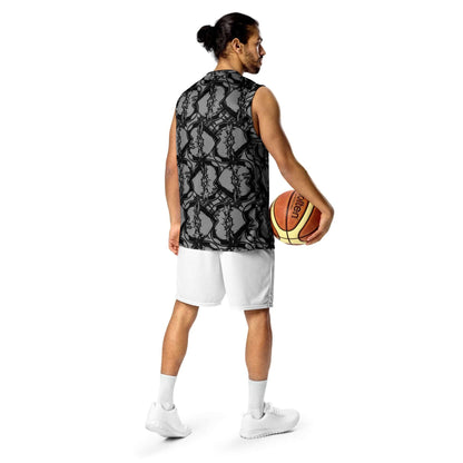 Person wearing Recyceltes Unisex-Basketballtrikot N°1 holding a basketball.
