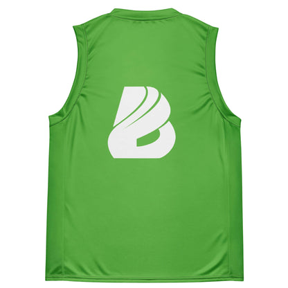 Recyceltes Unisex-Basketballtrikot N°2 in Grün, Rückansicht mit weißem Logo, aus recyceltem Polyester, ideal für Streetwear oder Basketball.