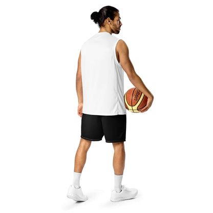 Man wearing Unisex Mesh-Shorts N°0 holding a basketball, showcasing athletic fit and flexibility in recycled polyester fabric.