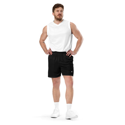 Man wearing Unisex Mesh-Shorts N°0, standing with hands on hips, showcasing flexibility and comfort ideal for gym or casual wear.