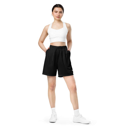 Model wearing Unisex Mesh-Shorts N°0 in black, perfect for gym, shopping, or leisure, made from 100% recycled polyester.