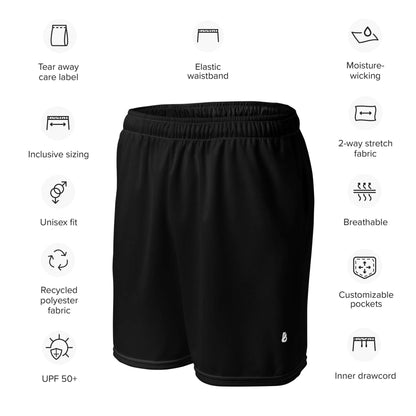 Unisex Mesh-Shorts N°0 in black showcasing moisture-wicking recycled polyester, two-way stretch, and elastic waistband features.