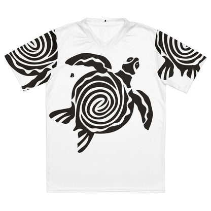 Recyceltes Unisex-Trikot mit Allover-Druck N°0, atmungsaktives Polyester, schwarzweißes Wirbelmuster-Design auf Sporttrikot.
