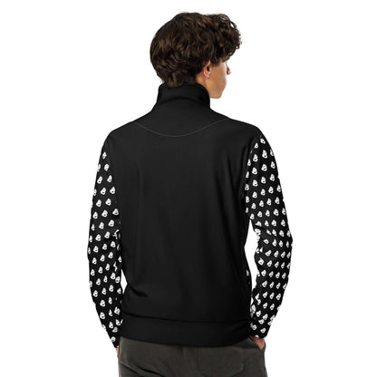 Rear view of Unisex-Trainingsjacke N°0 in black with patterned sleeves, ideal for fitness and outdoor activities. Eco-friendly materials.