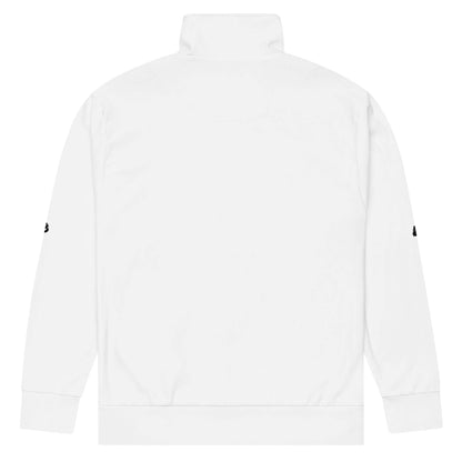 Unisex-Trainingsjacke N°1 in Weiß, Rückansicht zeigt modernes Design mit warmem Fleece-Innenseite, perfekt für Sport und Freizeit.