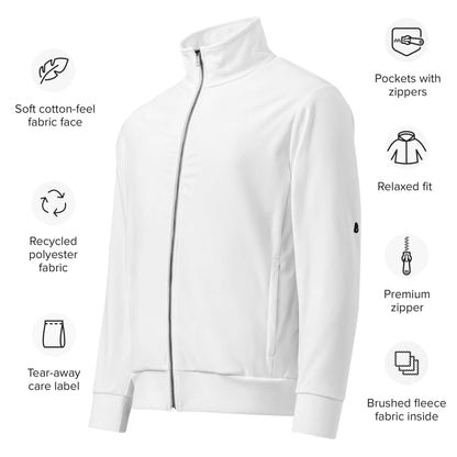 Unisex-Trainingsjacke N°1, white zip-up jacket, recycled polyester, brushed fleece, with zipper pockets, relaxed fit, soft cotton feel.