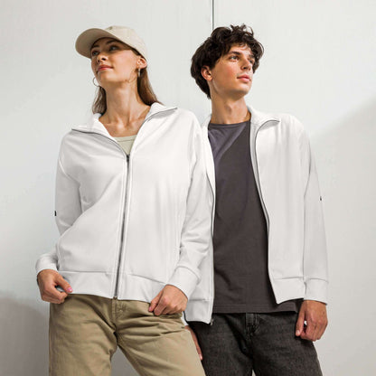 Unisex-Trainingsjacke N°1 worn by a man and woman, ideal for workouts and outdoor activities, made of recycled materials with fleece lining.