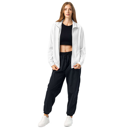 Woman wearing Unisex-Trainingsjacke N°1, showcasing its zip-up style and comfort ideal for workouts and daily wear.