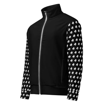 Unisex-Trainingsjacke N°0 with zip, black and patterned sleeves, made from recycled materials for workouts and everyday wear.