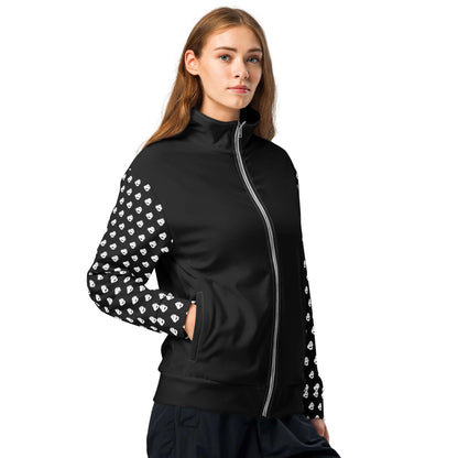 Person wearing Unisex-Trainingsjacke N°0 with zipper closure and printed sleeves, stylish for workouts and everyday wear.