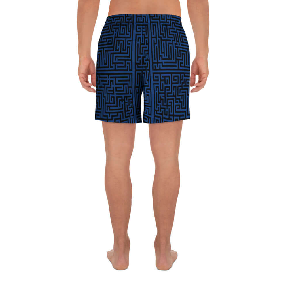 Back view of Lange Unisex Sport-Shorts in blue maze pattern, ideal for running, swimming, and workouts.