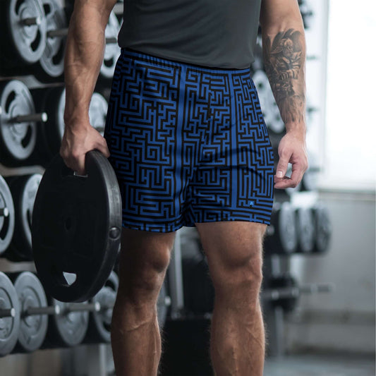 Lange Unisex Sport-Shorts worn by person lifting weights in gym, featuring blue maze pattern, made of recycled polyester and elastane.