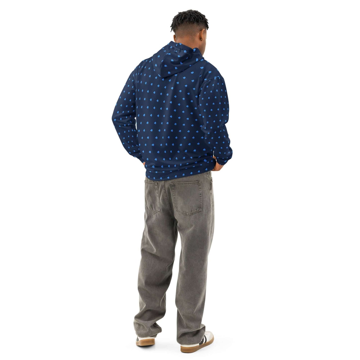 Unisex-Hoodie aus Baumwolle in Blau mit Allover-Druck. Entspannte Passform und weicher Baumwollstoff, ideal für lässige Looks.