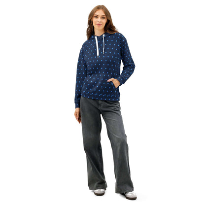 Unisex-Hoodie aus Baumwolle in Blau mit Allover-Druck, entspanntes Design für lässige Looks.