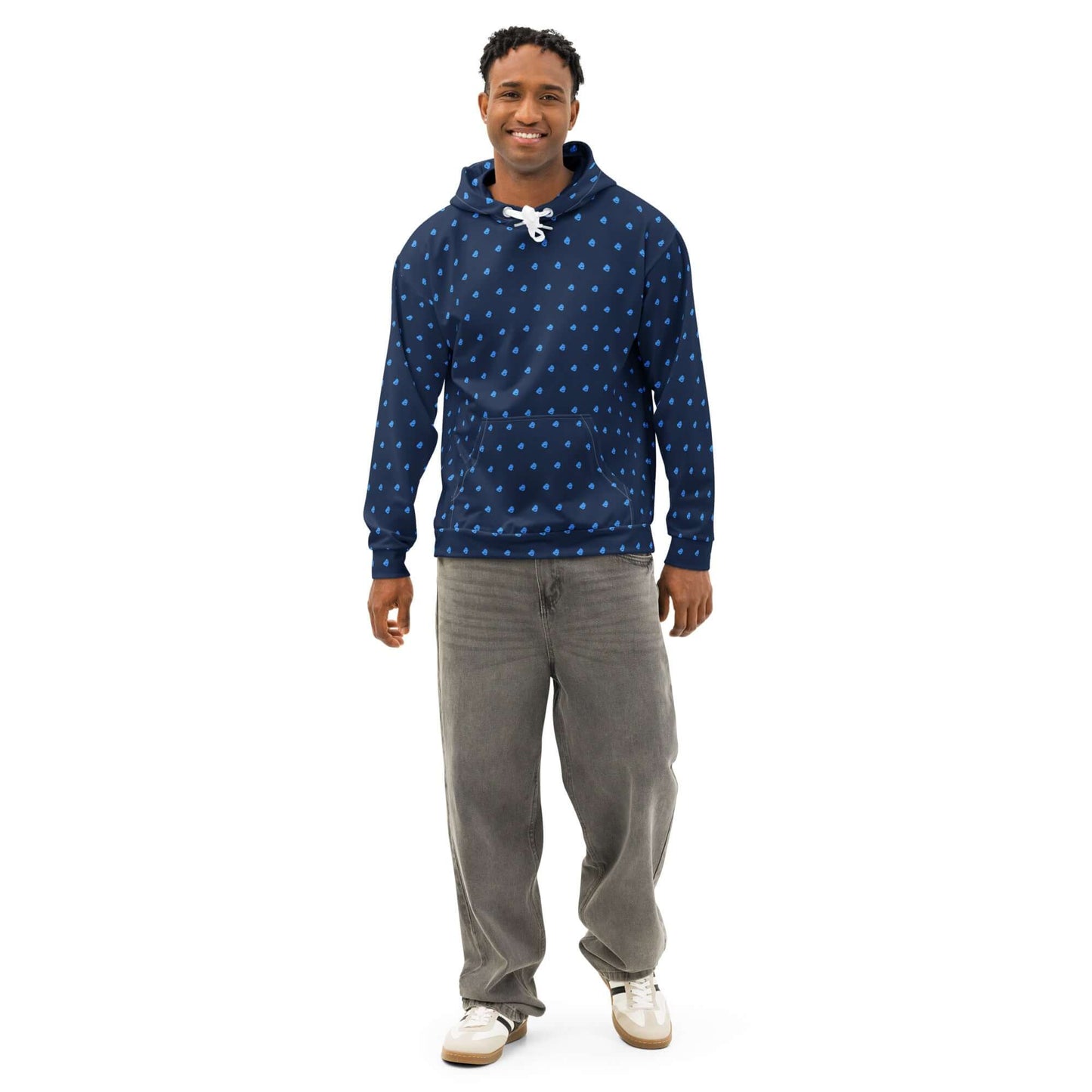 Unisex-Hoodie aus Baumwolle mit Allover-Druck, entspannte Passform, ideal für lässige Looks, getragen von Mann, Vorderansicht, blaues Design