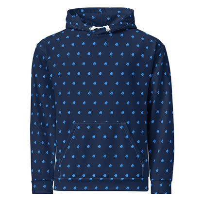 Unisex-Hoodie aus Baumwolle mit blauem Allover-Druck, entspannte Passform, doppellagige Kapuze, ideal für lässige Styles