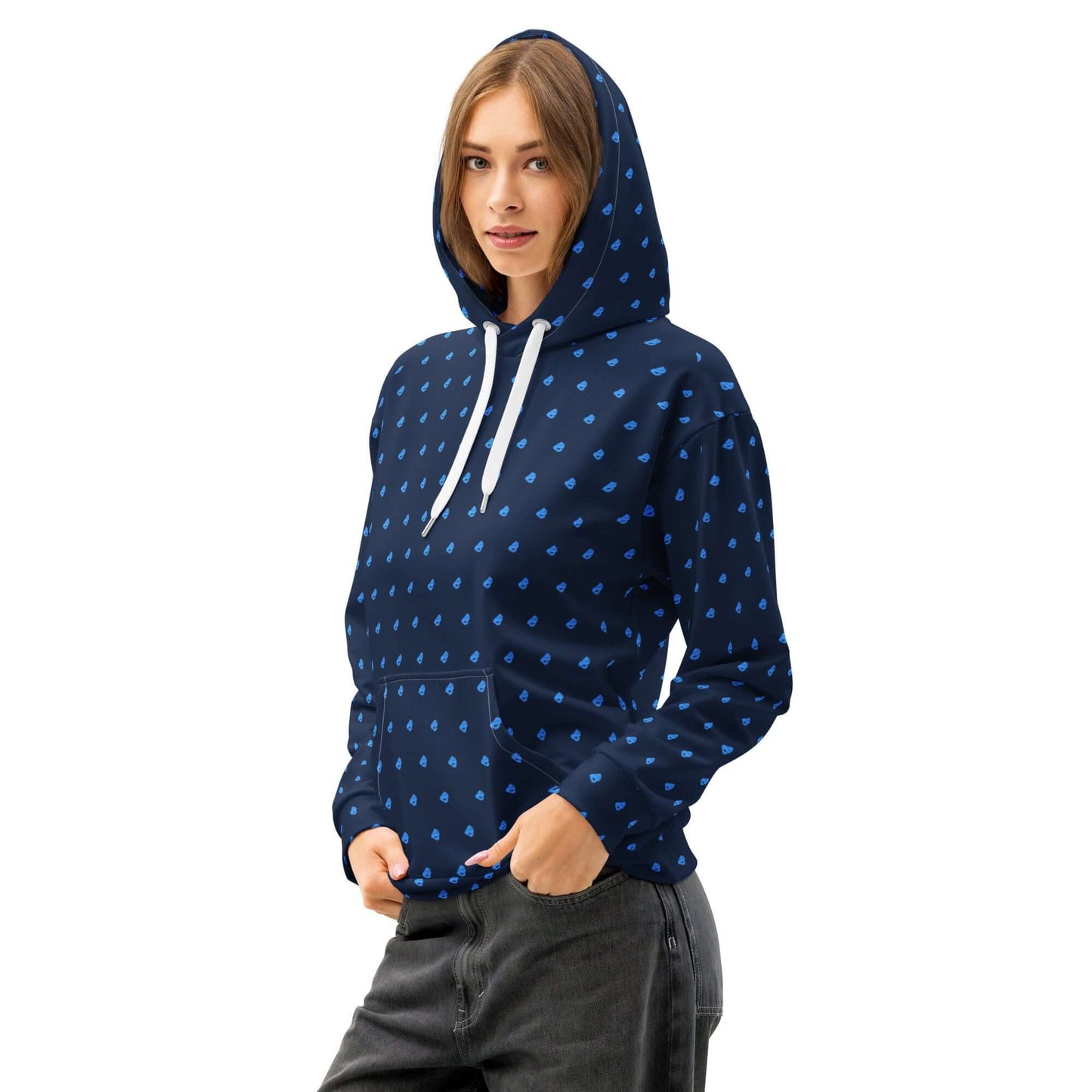 Unisex-Hoodie aus Baumwolle mit Allover-Druck, entspannte Passform und doppellagiger Kapuze, ideal für moderne Freizeitlooks.