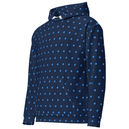 Unisex-Hoodie aus Baumwolle mit Allover-Muster in Blau, entspannte Passform ideal für modische, lässige Looks.