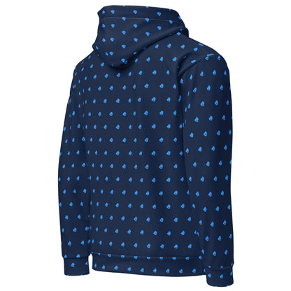 Unisex-Hoodie aus Baumwolle mit Allover-Druck in Blau, entspannte Passform, doppellagige Kapuze ohne Kordeln, Premium-Stil.