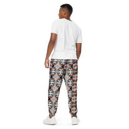 Man wearing Unisex-Trainingshose N°0 with elastic cuffs and colorful pattern, paired with a white T-shirt and sneakers, showing pants' style and fit.