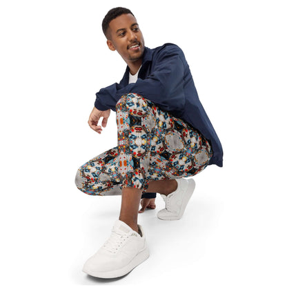 Man wearing Unisex-Trainingshose N°0 with colorful pattern, paired with white sneakers and a navy jacket, perfect for streetwear style.