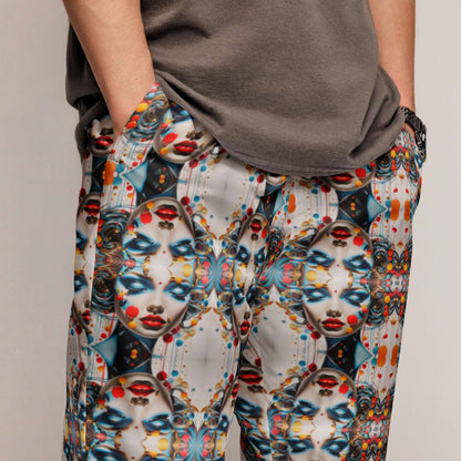 Colorful artistic face design on Unisex-Trainingshose N°0, perfect for workout and streetwear with lightweight, water-resistant material.