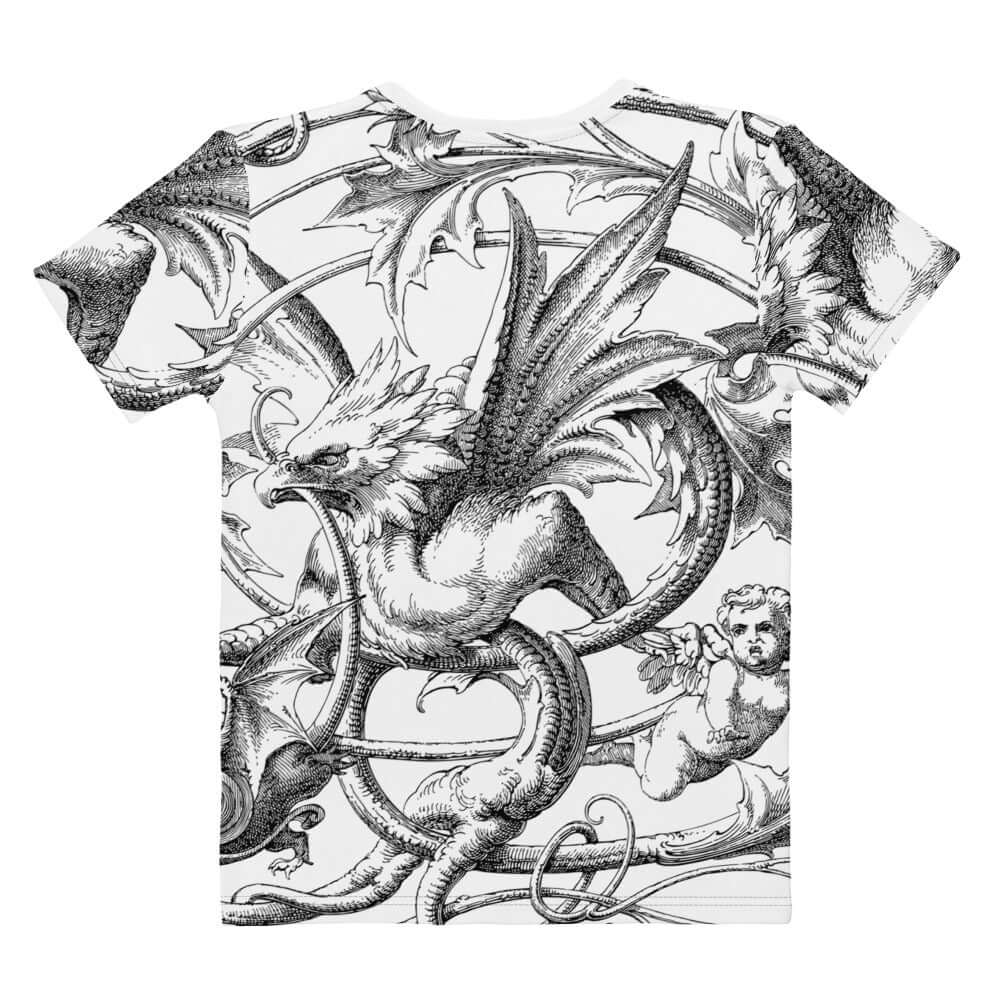 T-Shirt aus Baumwolle mit Rundhalsausschnitt für Damen bedruckt mit mythologischem Design aus Drachen und Cherubim.