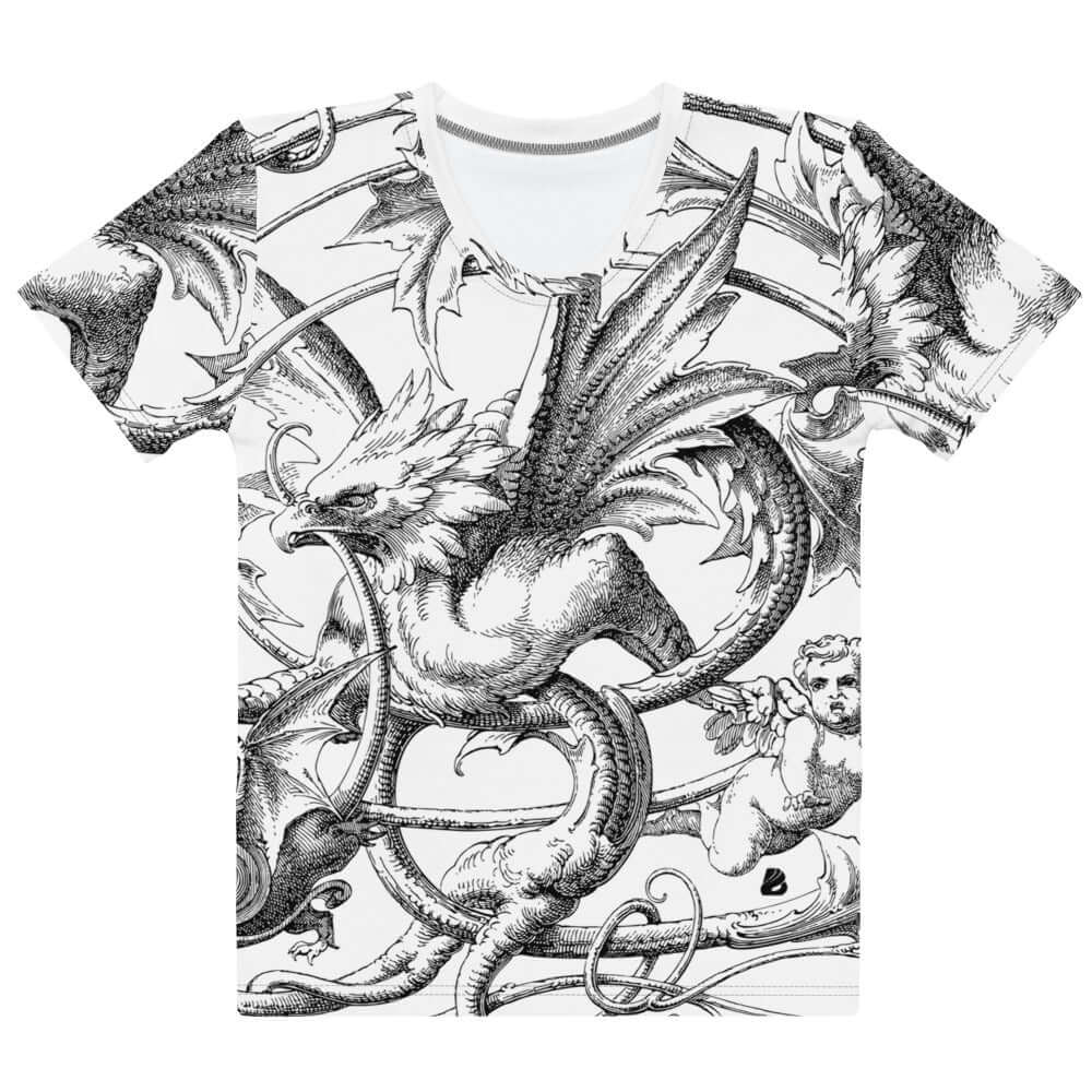 Vintage dragon and angel print on a white T-shirt.