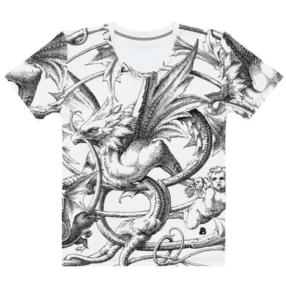 T-Shirt aus Baumwolle mit Rundhalsausschnitt für Damen mit Drachen-Illustration, weiche Baumwolle, elastisch, fusselfrei, stylisch Design.