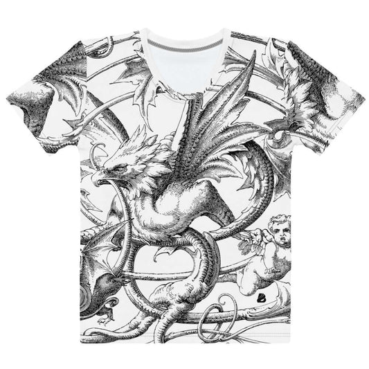 Vintage dragon and angel print on a white T-shirt.