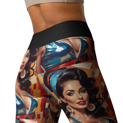 Person wearing Yoga-Leggings N°48 featuring a colorful vintage pin-up design, showcasing high waist and smooth, stretchy fabric.