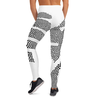 Yoga-Leggings N°45 showcasing black dot pattern on white fabric, comfortable stretch fit with high waist, polyester and elastane blend.