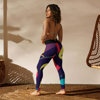 Woman wearing Yoga-Leggings N°46 with colorful design, highlighting four-way stretch and high waistband for comfort and versatility.