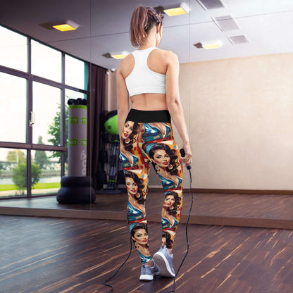 Woman wearing Yoga-Leggings N°48 with artistic print in fitness studio, featuring stretchy and comfortable high-waist style.
