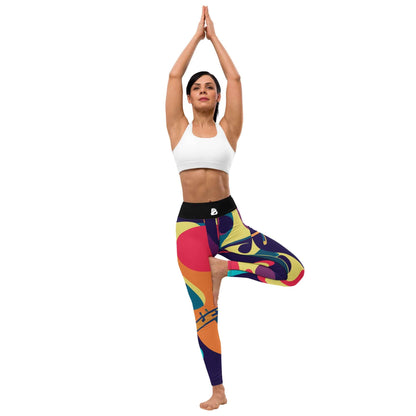 Woman in tree pose wearing colorful Yoga-Leggings N°46, featuring high waistband and four-way stretch for comfort and flexibility.