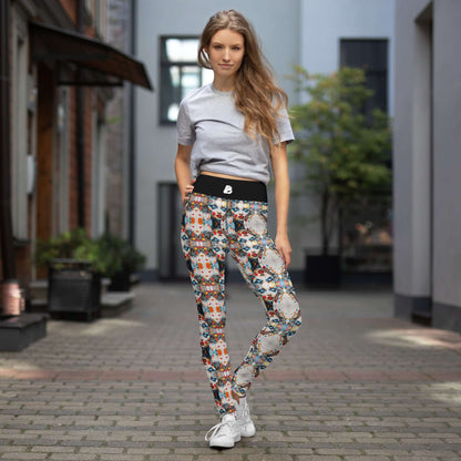 Woman wearing colorful Yoga-Leggings N°47 standing in an urban setting, showcasing comfort and style with four-way stretch fabric.