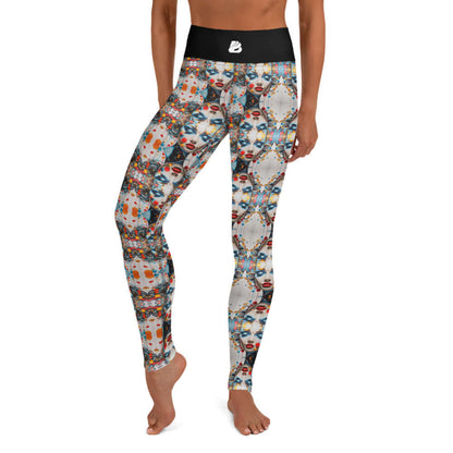 Model wearing Yoga-Leggings N°47 with vibrant pattern, high waist, and four-way stretch for supreme comfort and flexibility in yoga practice.