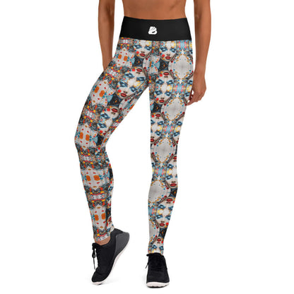 Person wearing colorful Yoga-Leggings N°47 with a patterned design and black waistband, demonstrating stretch and comfort.
