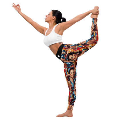 Woman in Yoga pose wearing Yoga-Leggings N°48, featuring colorful print and high-rise waistband, demonstrating fabric flexibility.
