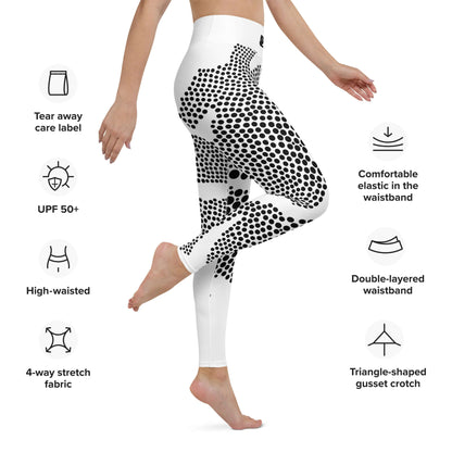 Yoga-Leggings N°45 featuring black dotted design on white fabric with high waist and 4-way stretch, perfect for comfort and flexibility.