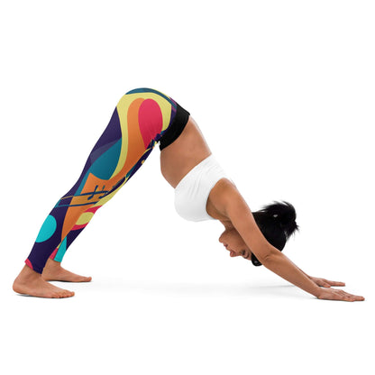 Woman in Downward Dog pose wearing colorful Yoga-Leggings N°46 with high waistband and four-way stretch material.