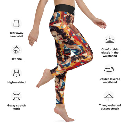 Model wearing Yoga-Leggings N°48 with vibrant design, high-waisted, 4-way stretch, tear-away label, and UPF 50+ for comfort.