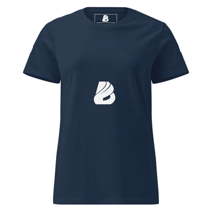 Basic Softstyle T-Shirt für Damen in dunkelblau mit kleinem Logo auf der Brust, leicht tailliert, ideal für Freizeit oder Büro.