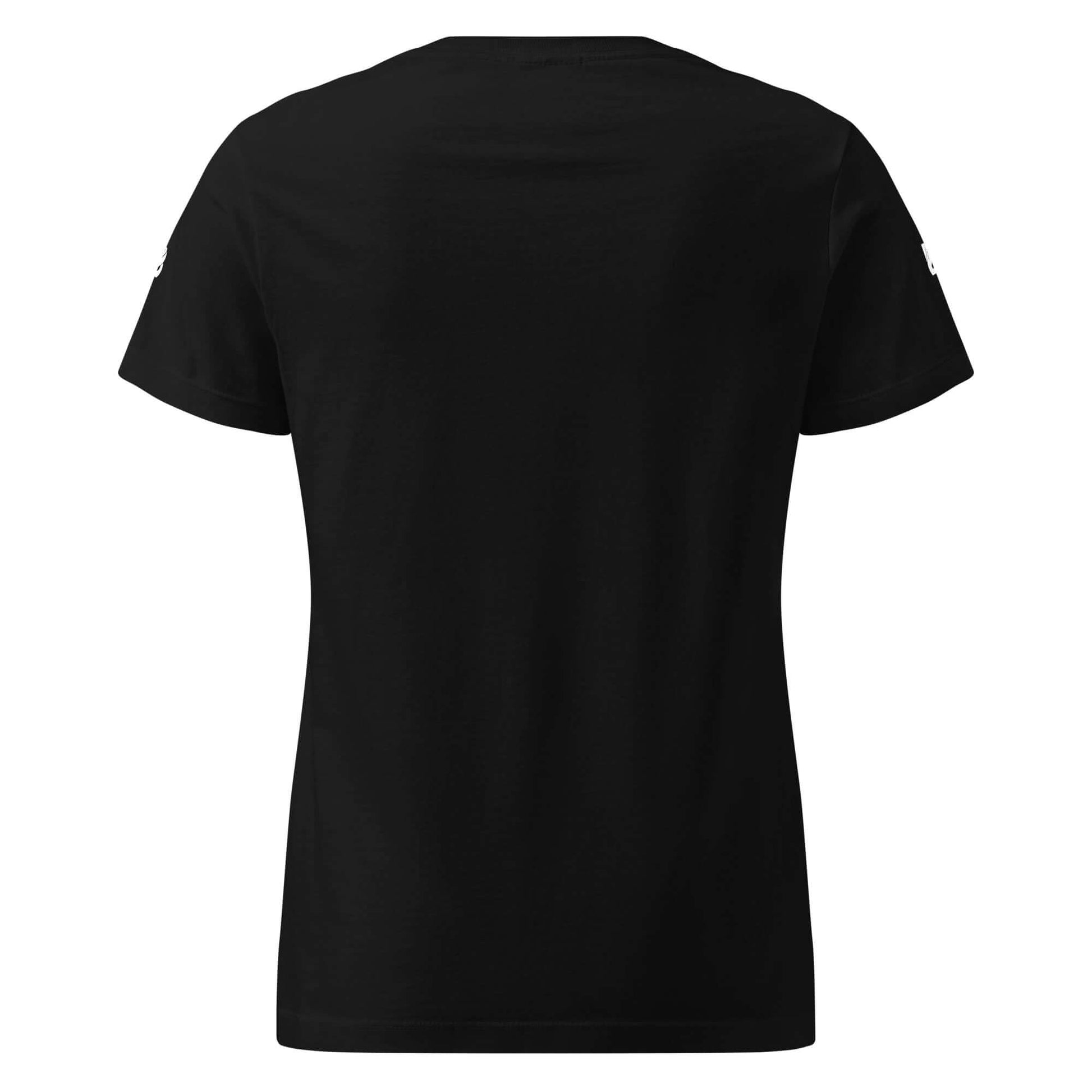 Rückansicht eines Basic Softstyle T-Shirts für Damen in Schwarz, leicht tailliert und locker sitzend.