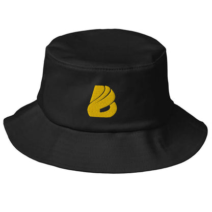 Old School-Fischerhut N°2 in black with yellow embroidered logo, vintage style, perfect for fishing and hiking, cotton blend hat.